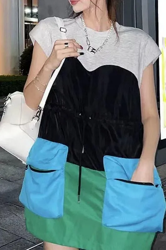 Sleeves loose drawstring short color matching dress