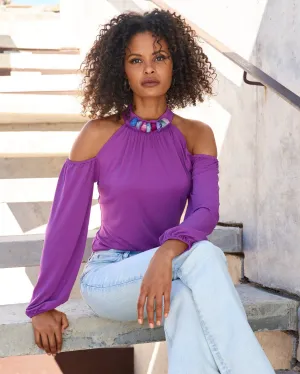 So Chic Cold Shoulder Beaded Neck Top Dahlia