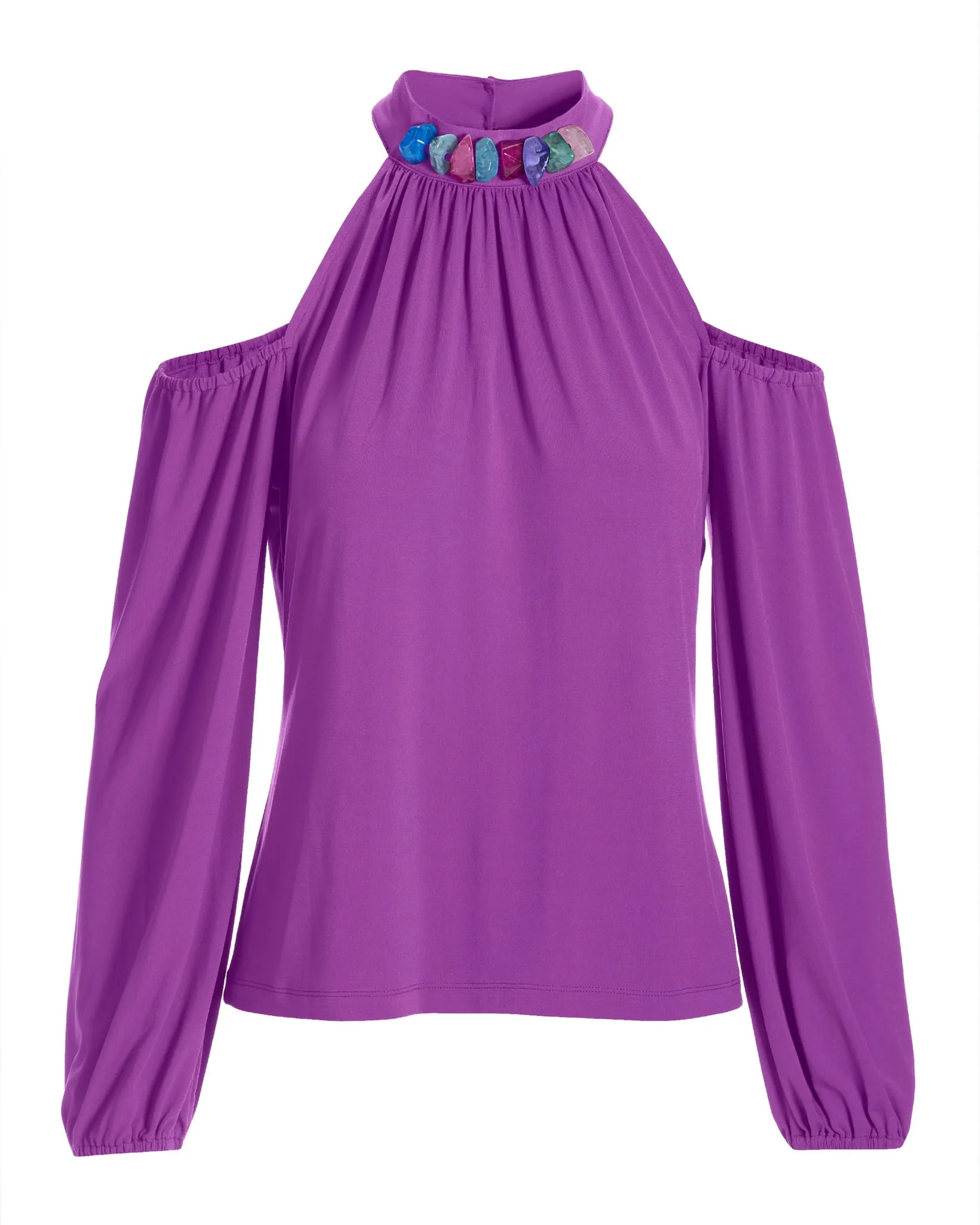 So Chic Cold Shoulder Beaded Neck Top Dahlia