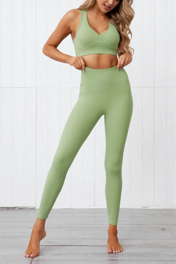 Solid Color Sporty V Neck Yoga Pants Suit