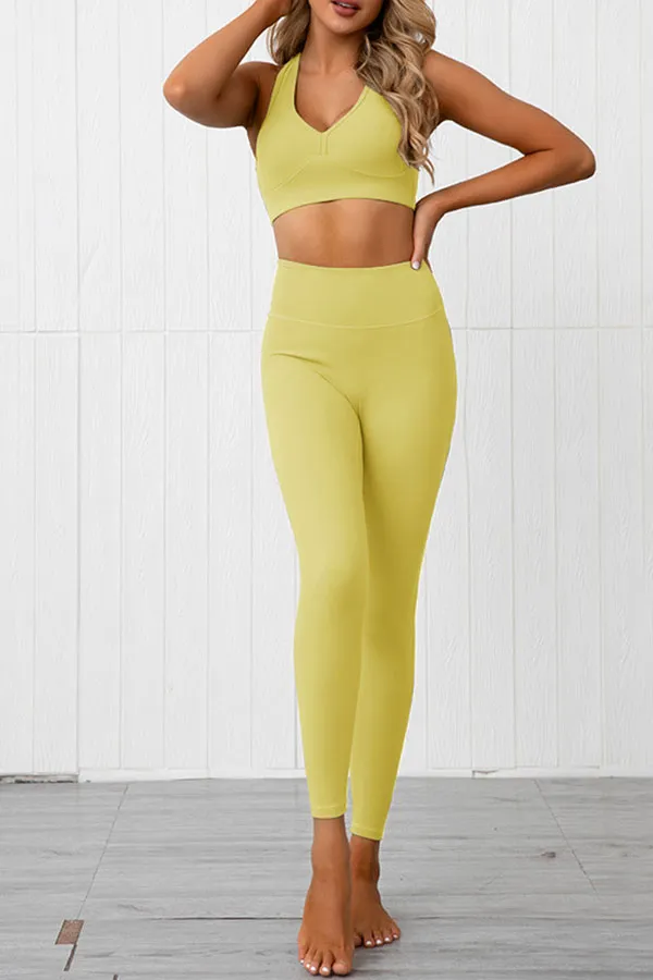 Solid Color Sporty V Neck Yoga Pants Suit
