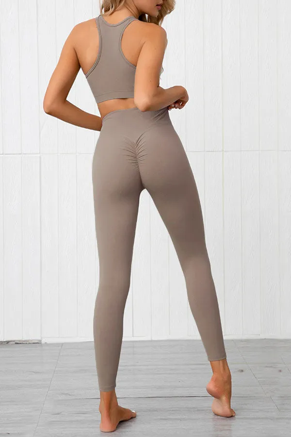 Solid Color Sporty V Neck Yoga Pants Suit
