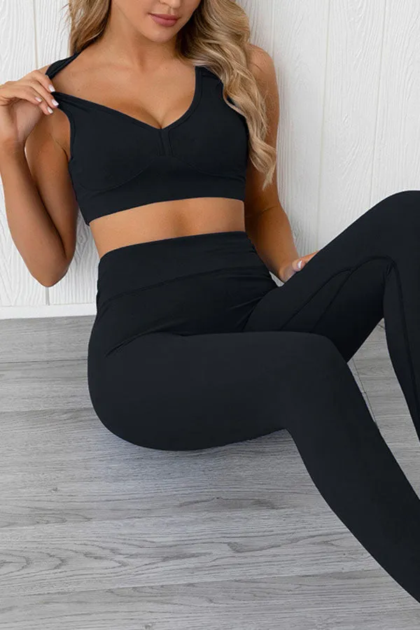 Solid Color Sporty V Neck Yoga Pants Suit
