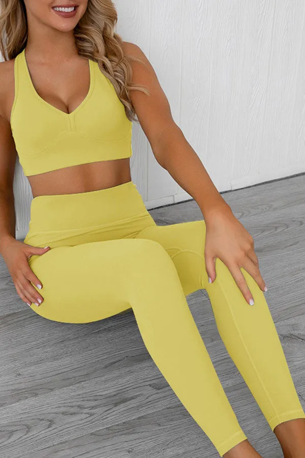 Solid Color Sporty V Neck Yoga Pants Suit