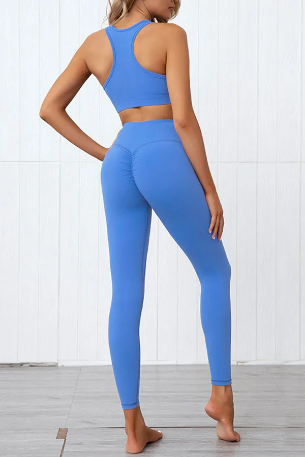 Solid Color Sporty V Neck Yoga Pants Suit