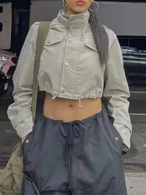 Solid Drawstring Exposed Navel Jacket