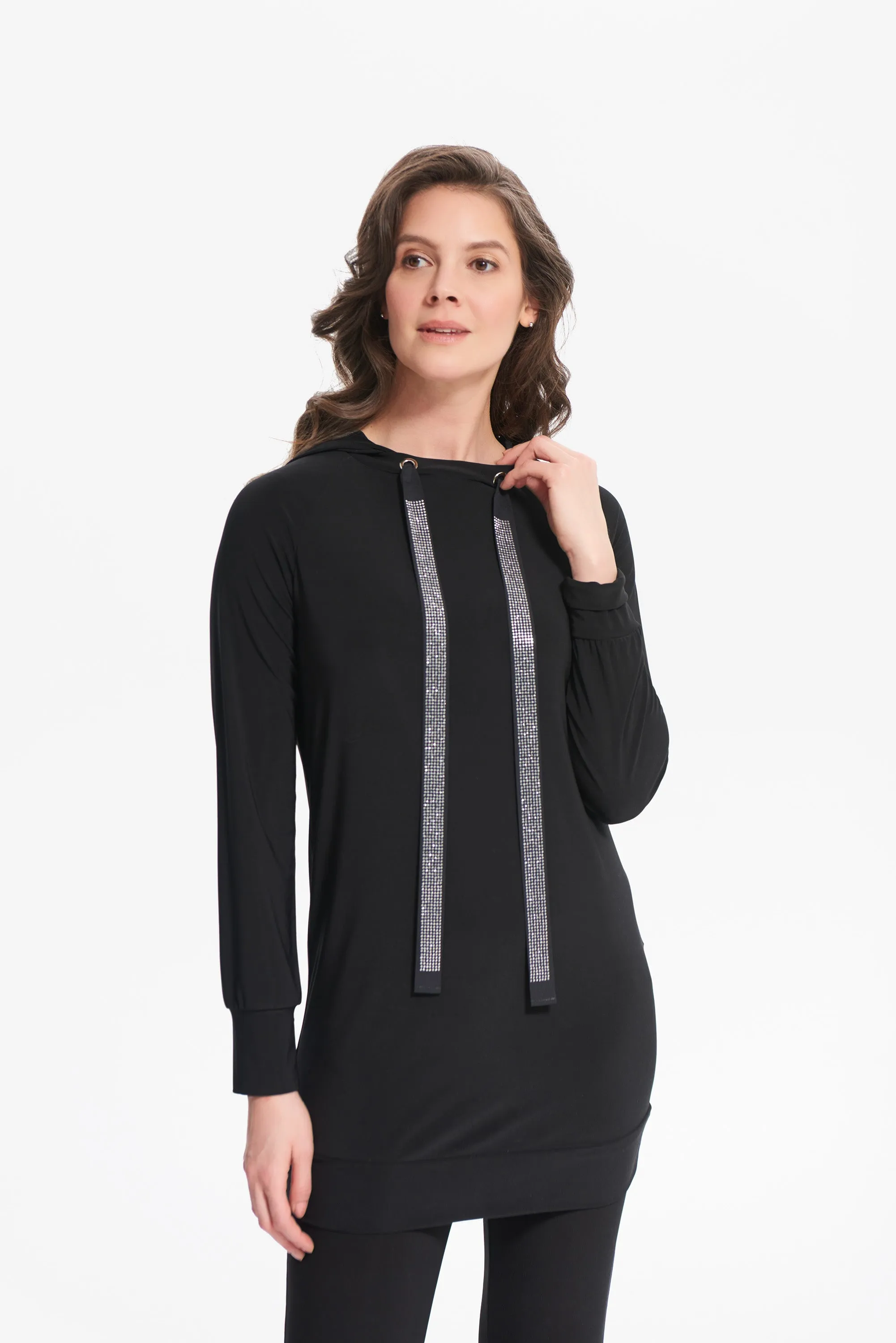 Sporty rhinestone drawstring tunic with hood