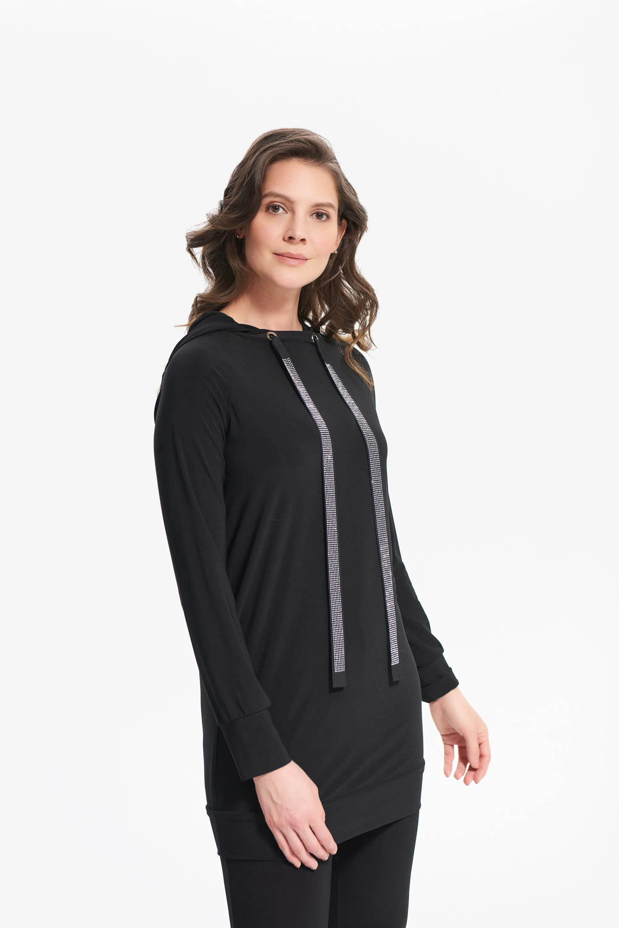 Sporty rhinestone drawstring tunic with hood