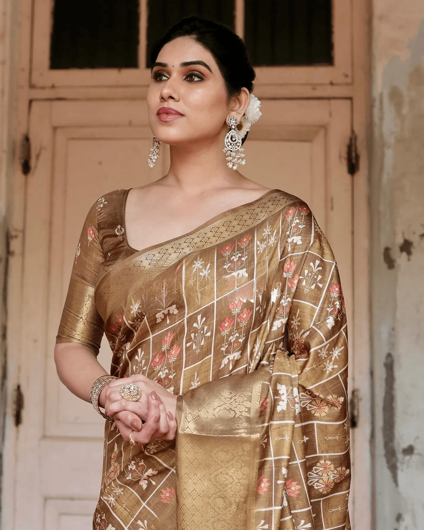 Stylish Beige Color Jacquard Silk Saree