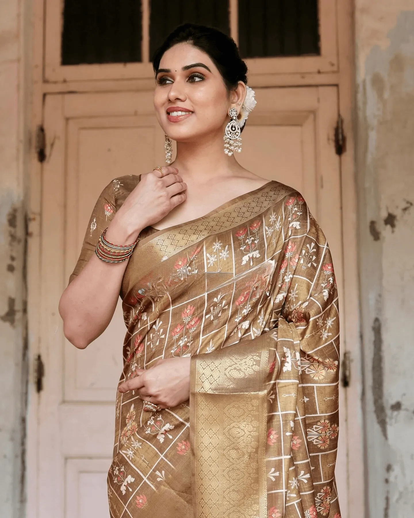 Stylish Beige Color Jacquard Silk Saree