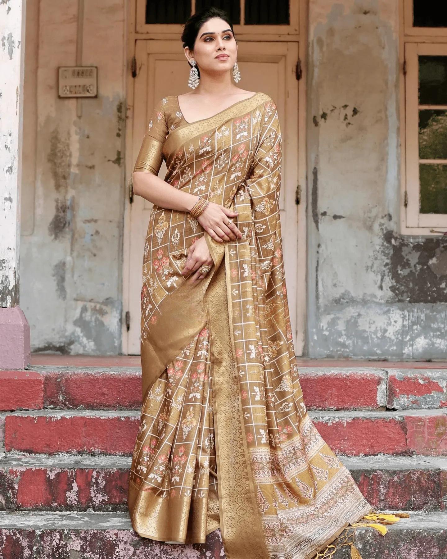 Stylish Beige Color Jacquard Silk Saree