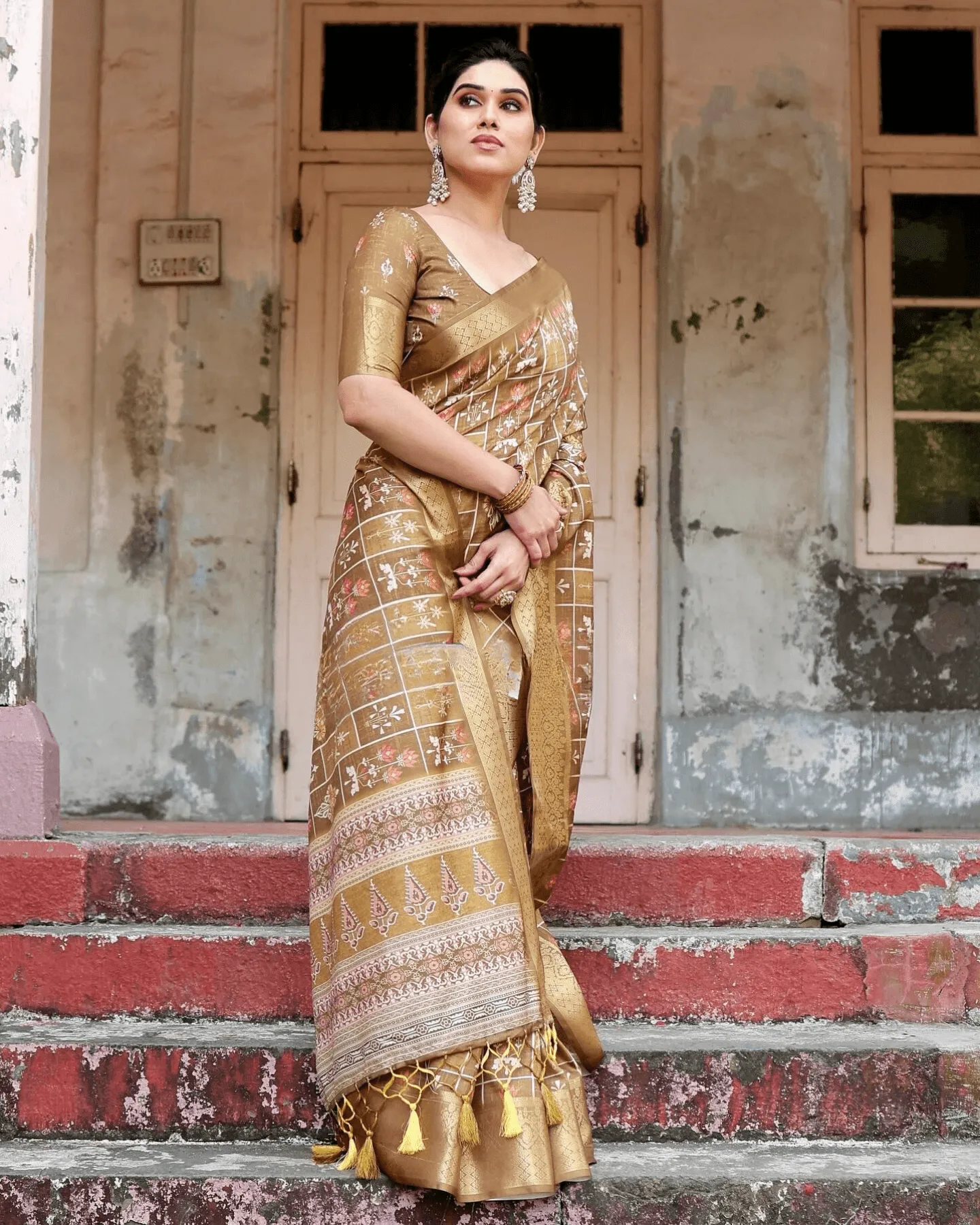 Stylish Beige Color Jacquard Silk Saree