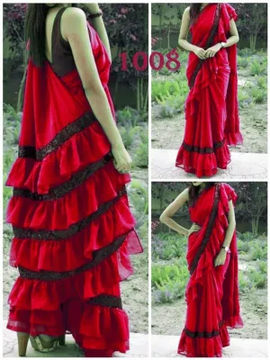 Stylish Georgette Ruffle Lace Saree With Blouse Piece