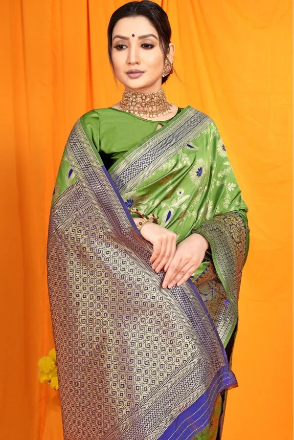 Stylish Mehandi Kanjivaram Silk With Tremendous Blouse Piece