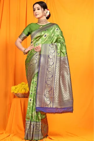 Stylish Mehandi Kanjivaram Silk With Tremendous Blouse Piece