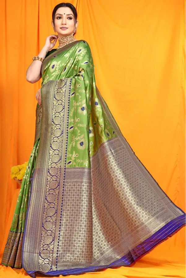 Stylish Mehandi Kanjivaram Silk With Tremendous Blouse Piece