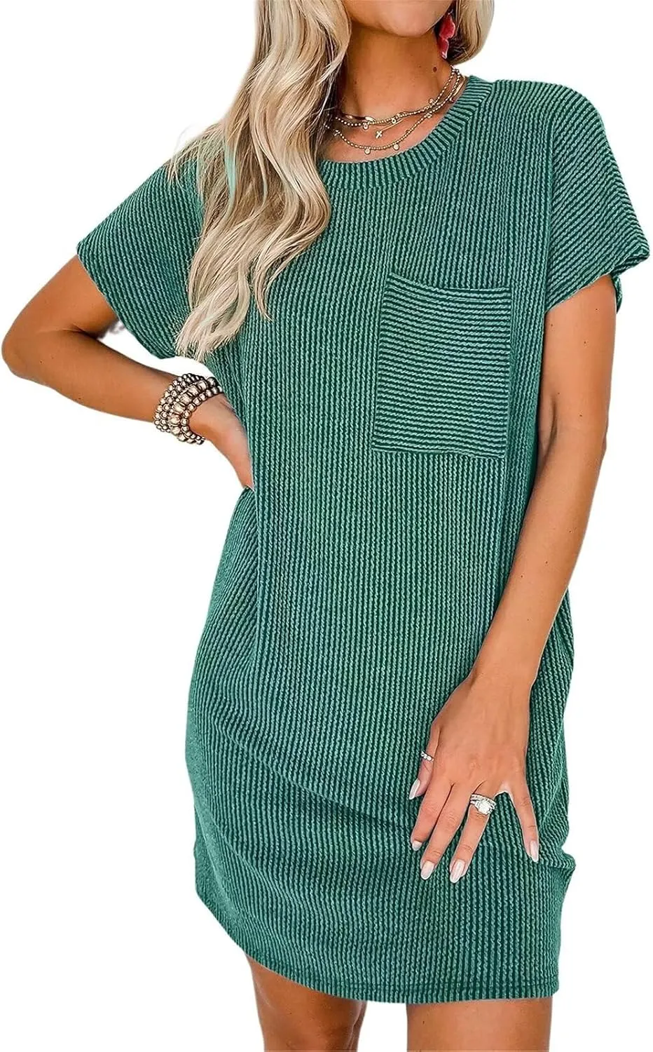 Summer Dresses for Women 2025 Short Sleeve Crew Neck Textured Mini Dress with Pocket Casual Beach Sundress