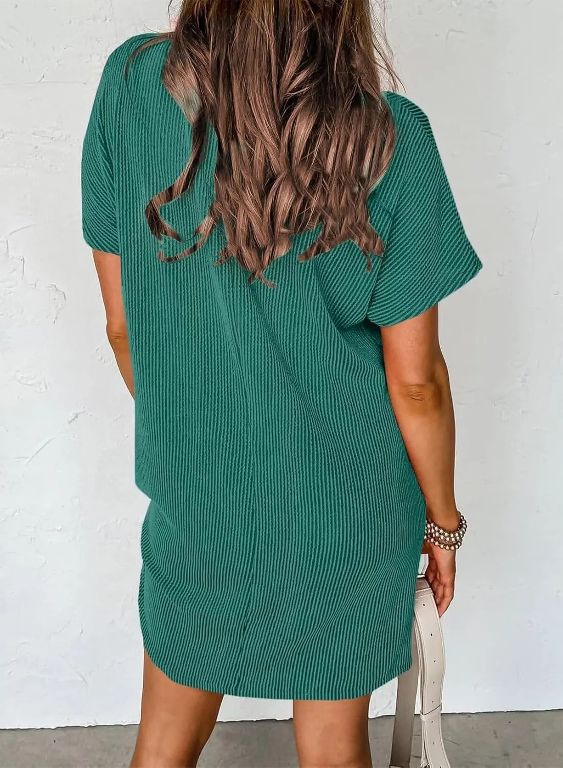 Summer Dresses for Women 2025 Short Sleeve Crew Neck Textured Mini Dress with Pocket Casual Beach Sundress