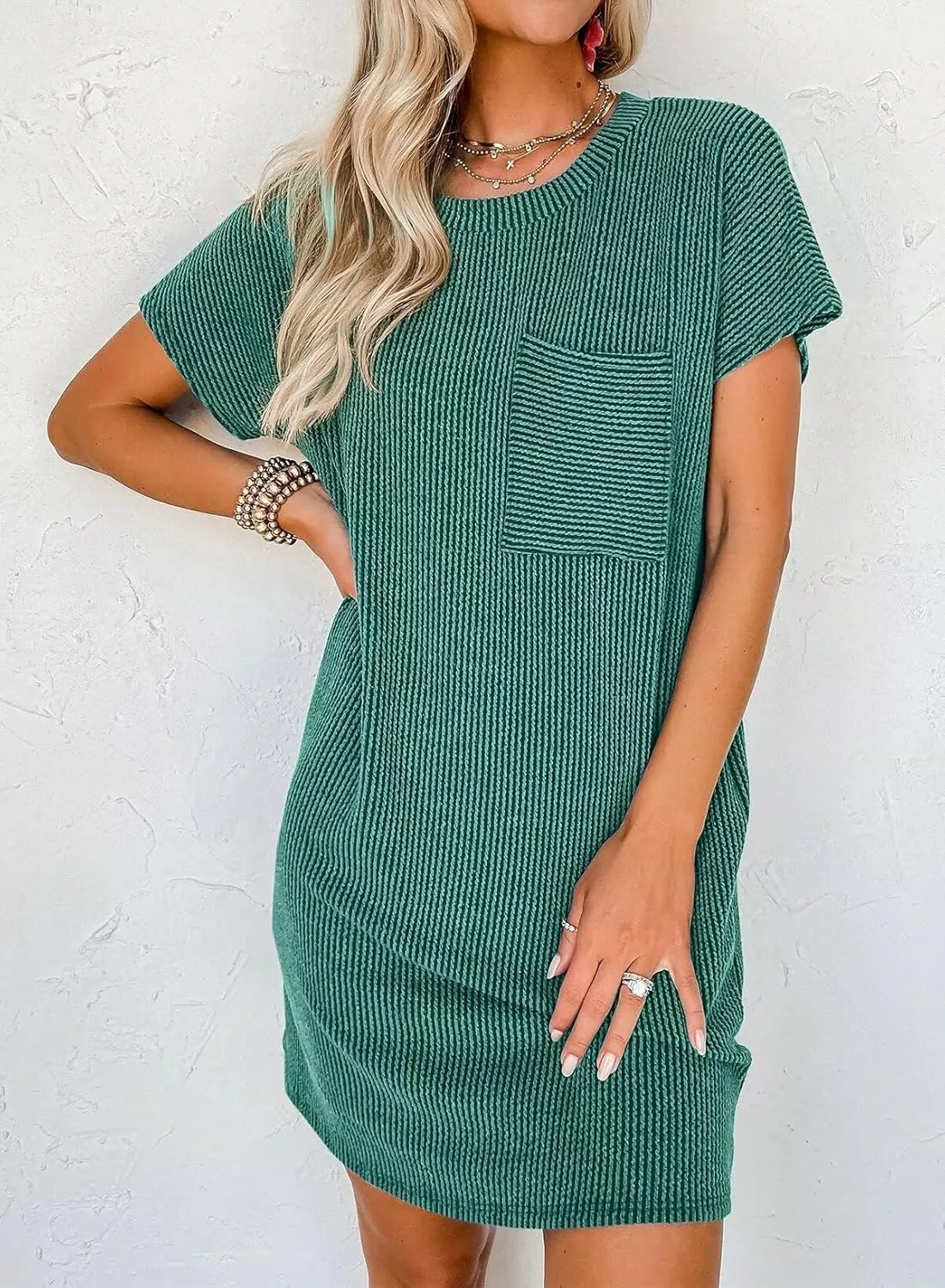 Summer Dresses for Women 2025 Short Sleeve Crew Neck Textured Mini Dress with Pocket Casual Beach Sundress