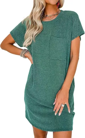 Summer Dresses for Women 2025 Short Sleeve Crew Neck Textured Mini Dress with Pocket Casual Beach Sundress