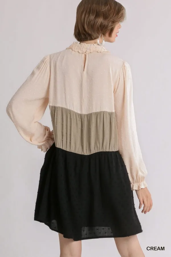 Swiss Dot Colorblock Ruffled Long Sleeve Tiered Dress