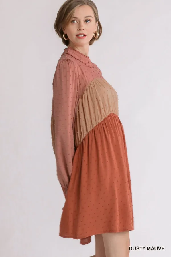 Swiss Dot Colorblock Ruffled Long Sleeve Tiered Dress