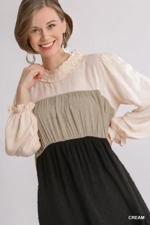 Swiss Dot Colorblock Ruffled Long Sleeve Tiered Dress