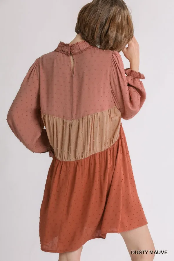 Swiss Dot Colorblock Ruffled Long Sleeve Tiered Dress