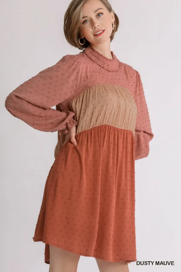 Swiss Dot Colorblock Ruffled Long Sleeve Tiered Dress