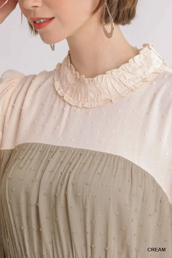 Swiss Dot Colorblock Ruffled Long Sleeve Tiered Dress