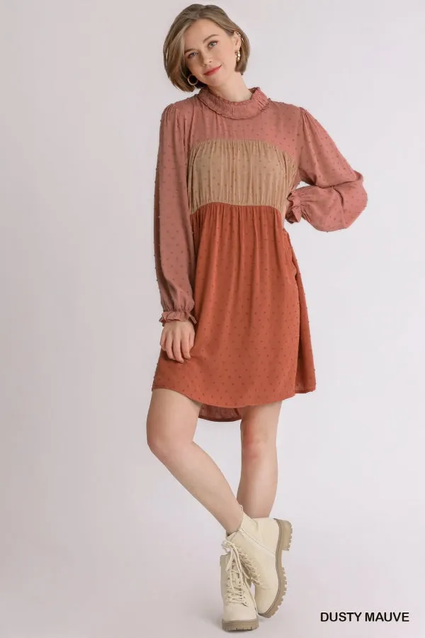 Swiss Dot Colorblock Ruffled Long Sleeve Tiered Dress