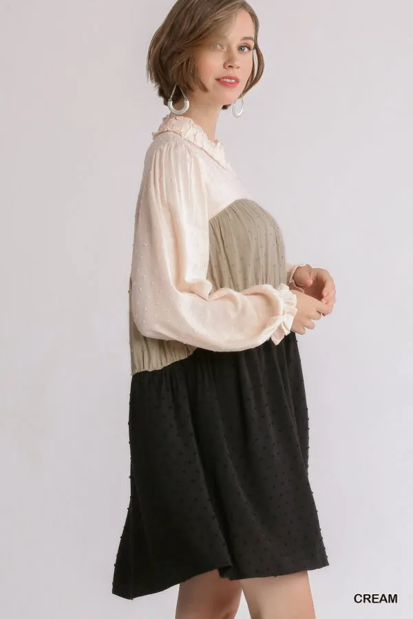 Swiss Dot Colorblock Ruffled Long Sleeve Tiered Dress