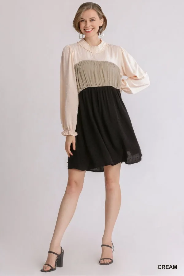 Swiss Dot Colorblock Ruffled Long Sleeve Tiered Dress