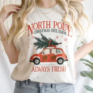 Teesdily | North Pole Christmas Tree Farm Always Fresh Shirt, Christmas Car Wreath Sweatshirt, Farm Fresh Christmas Hoodie Mug