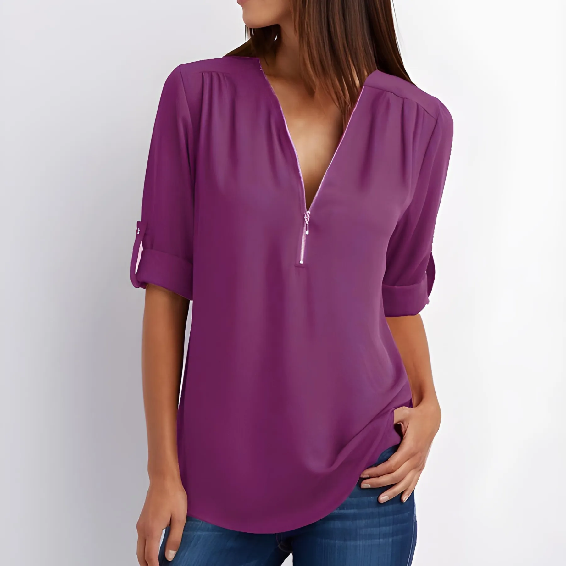Tessa Stylish V-Neck Zipper Blouse