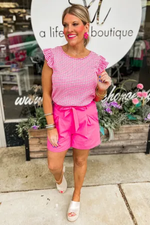 Tie Waist Pin Tuck Shorts- Pink