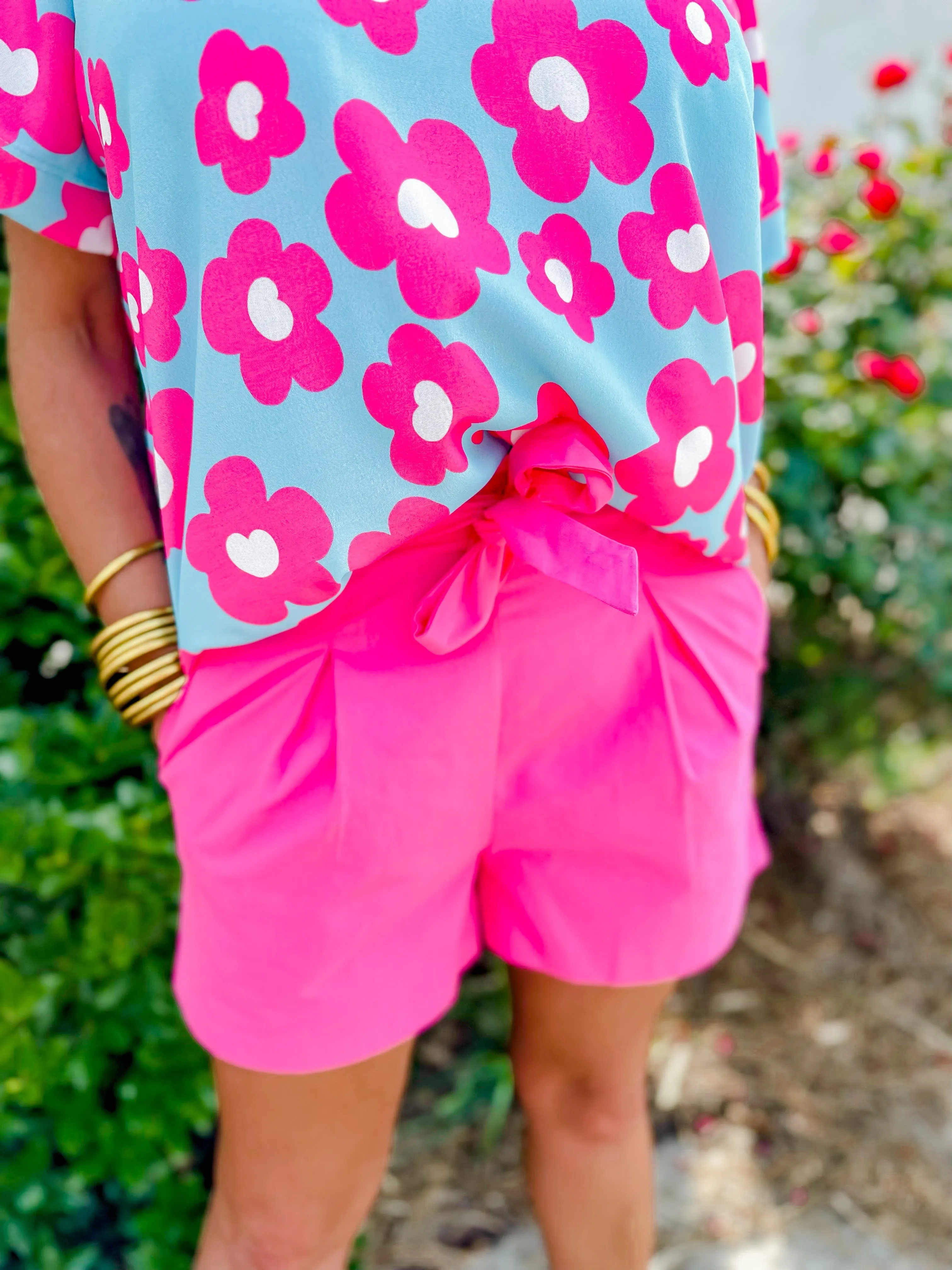 Tie Waist Pin Tuck Shorts- Pink
