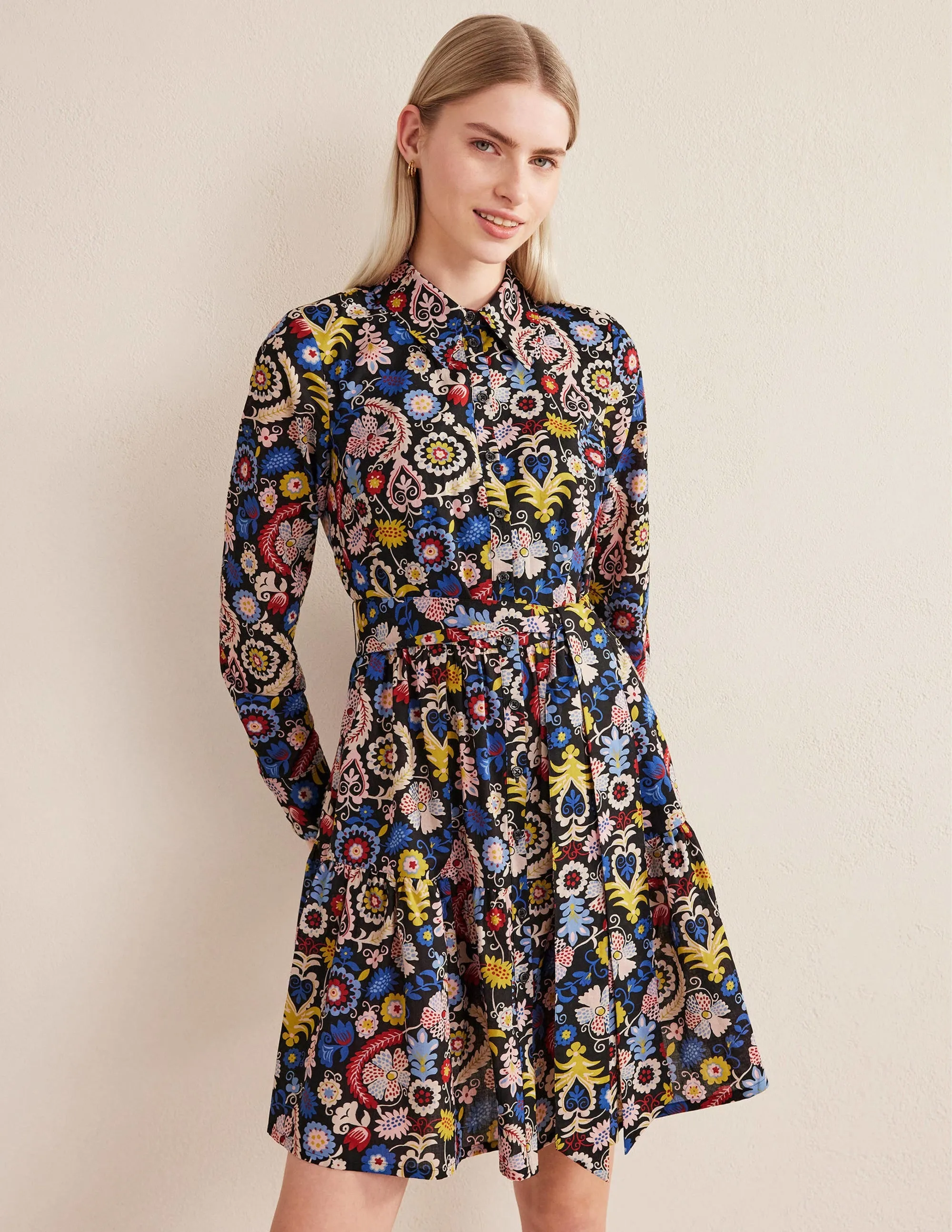Tiered Cotton Mini Shirt Dress-Multi, Tropic Charm