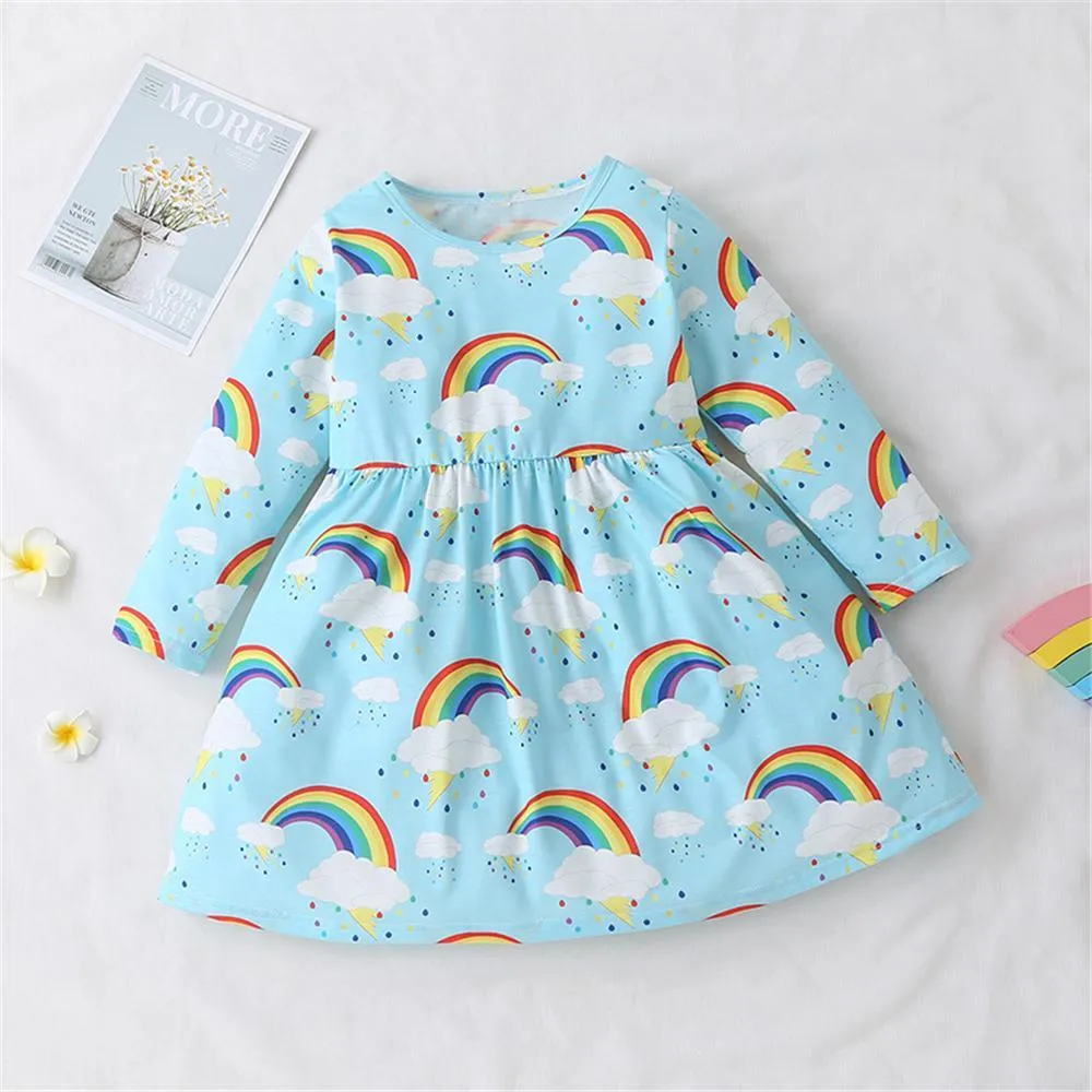Toddler Girls Rainbow Printed Long Sleeve Girls Wholesale Dresses