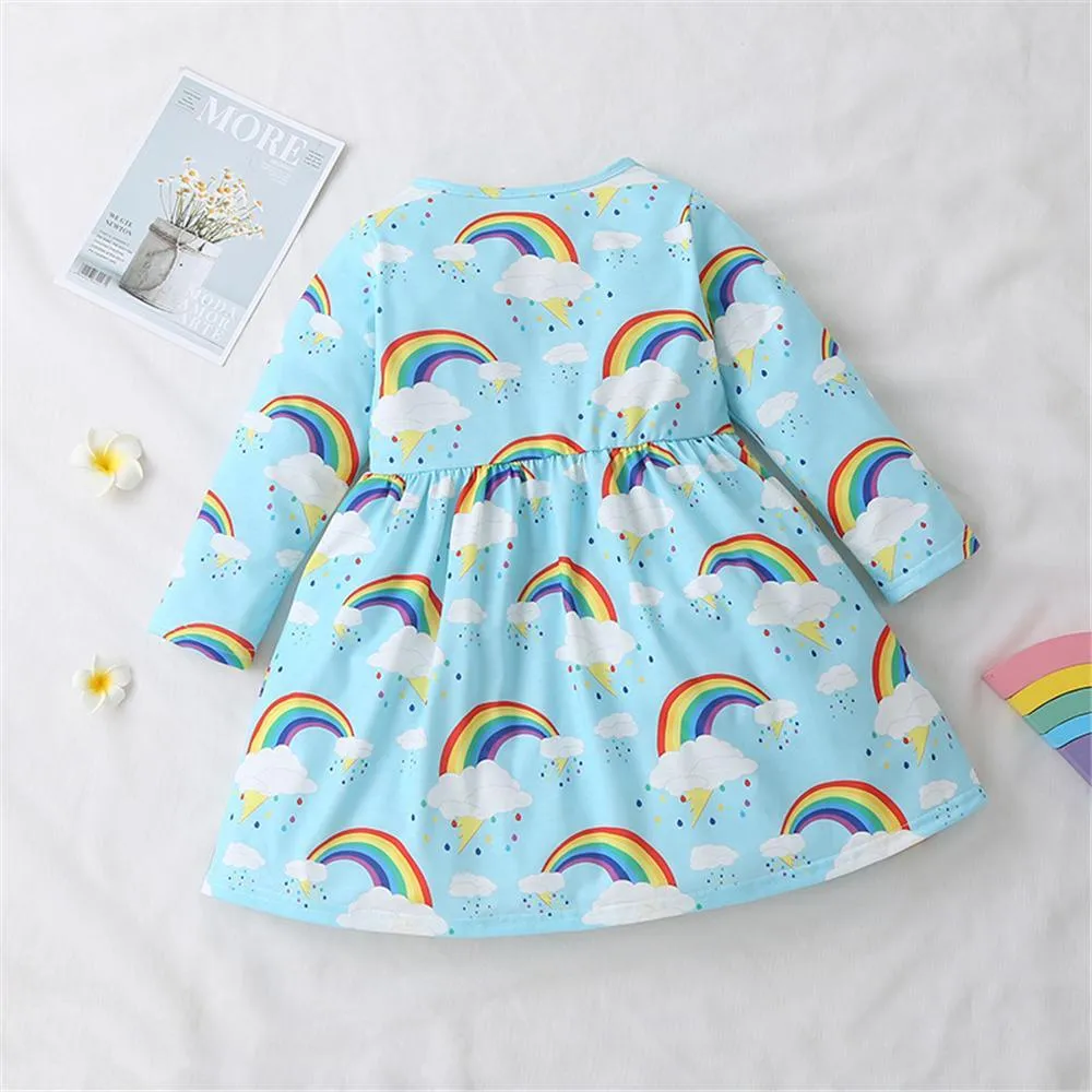 Toddler Girls Rainbow Printed Long Sleeve Girls Wholesale Dresses