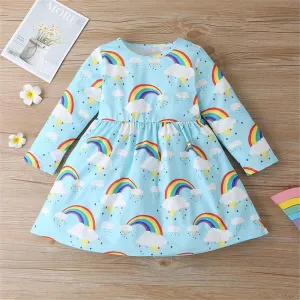 Toddler Girls Rainbow Printed Long Sleeve Girls Wholesale Dresses