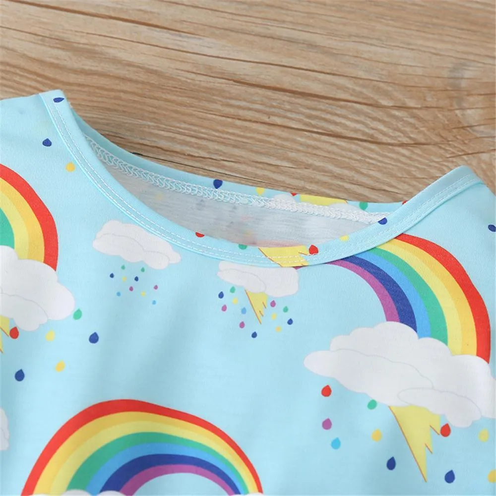 Toddler Girls Rainbow Printed Long Sleeve Girls Wholesale Dresses