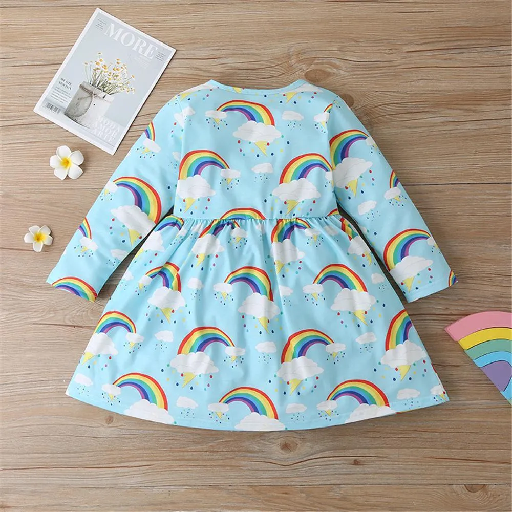 Toddler Girls Rainbow Printed Long Sleeve Girls Wholesale Dresses