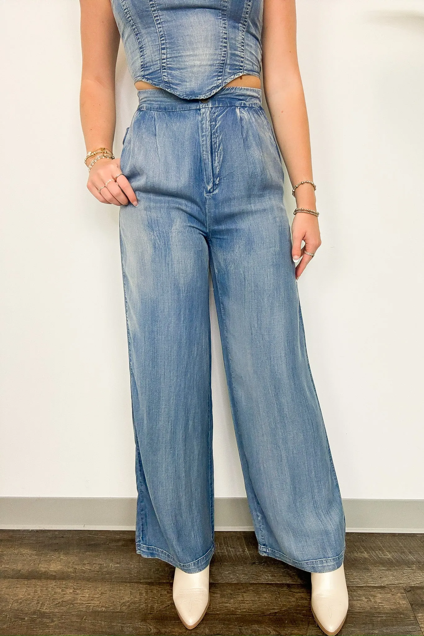 Trendy Bliss Pleated High Waist Chambray Pants - FINAL SALE