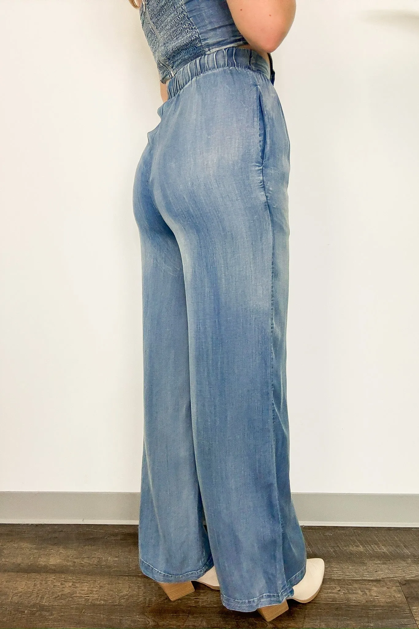 Trendy Bliss Pleated High Waist Chambray Pants - FINAL SALE