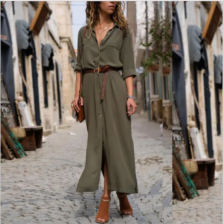 V-neck Long Dress With Belt Design