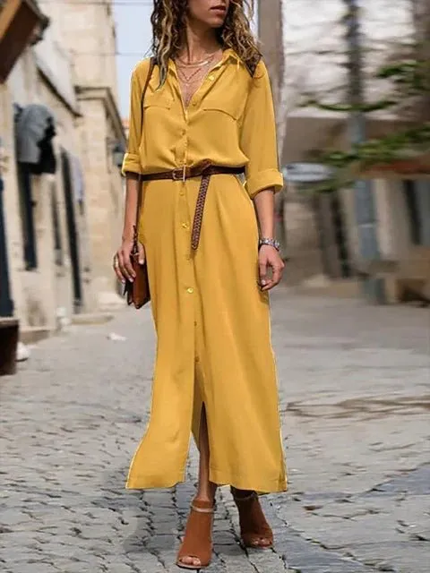 V-neck Long Dress With Belt Design