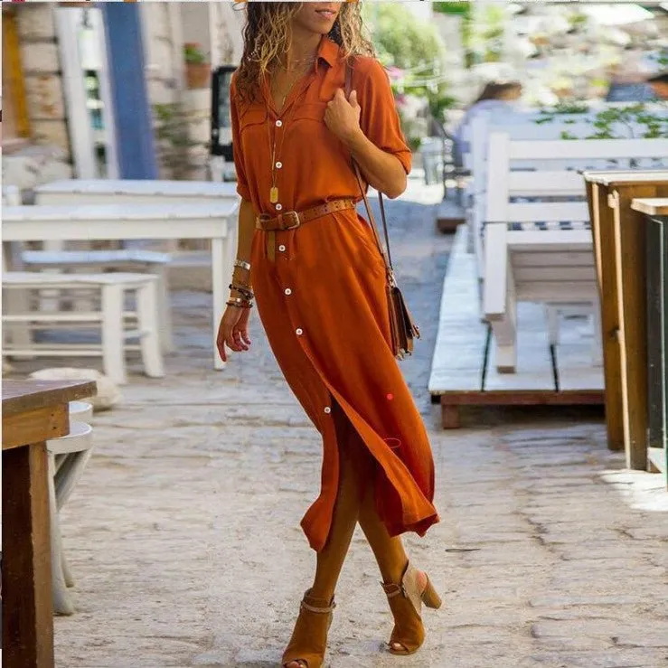 V-neck Long Dress With Belt Design