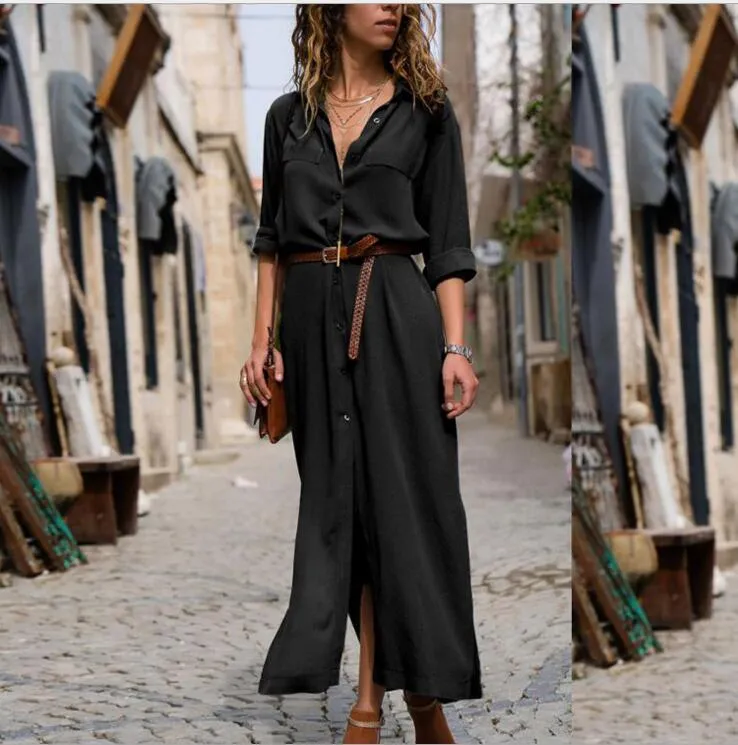 V-neck Long Dress With Belt Design