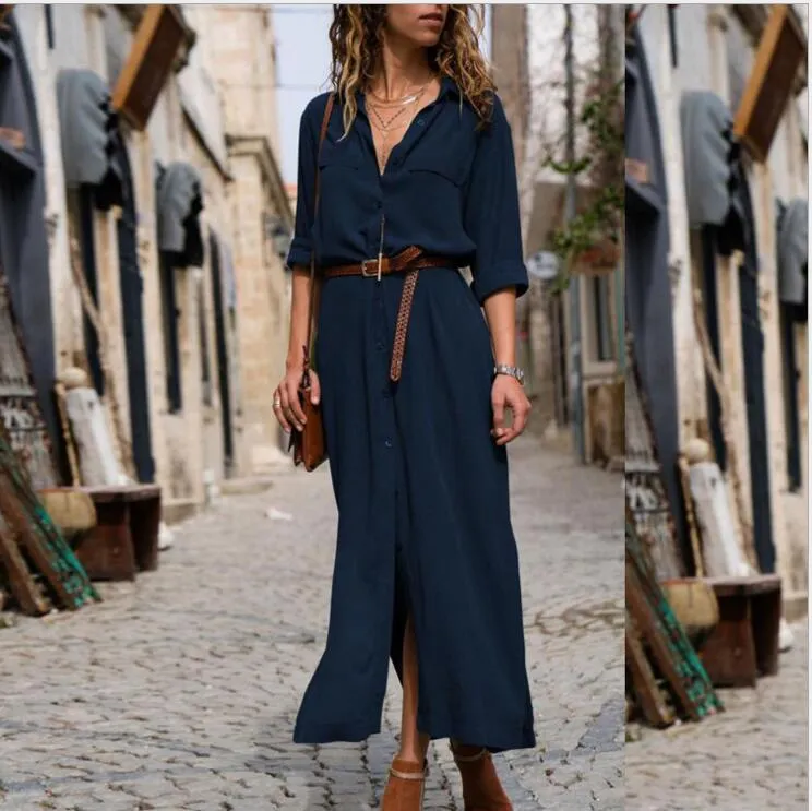 V-neck Long Dress With Belt Design
